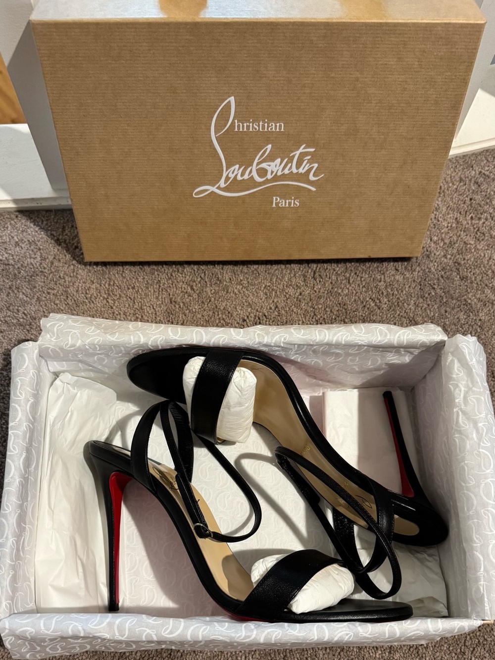 Christian Louboutin Black Patent Leather Strappy Slingback Heels with Red Soles